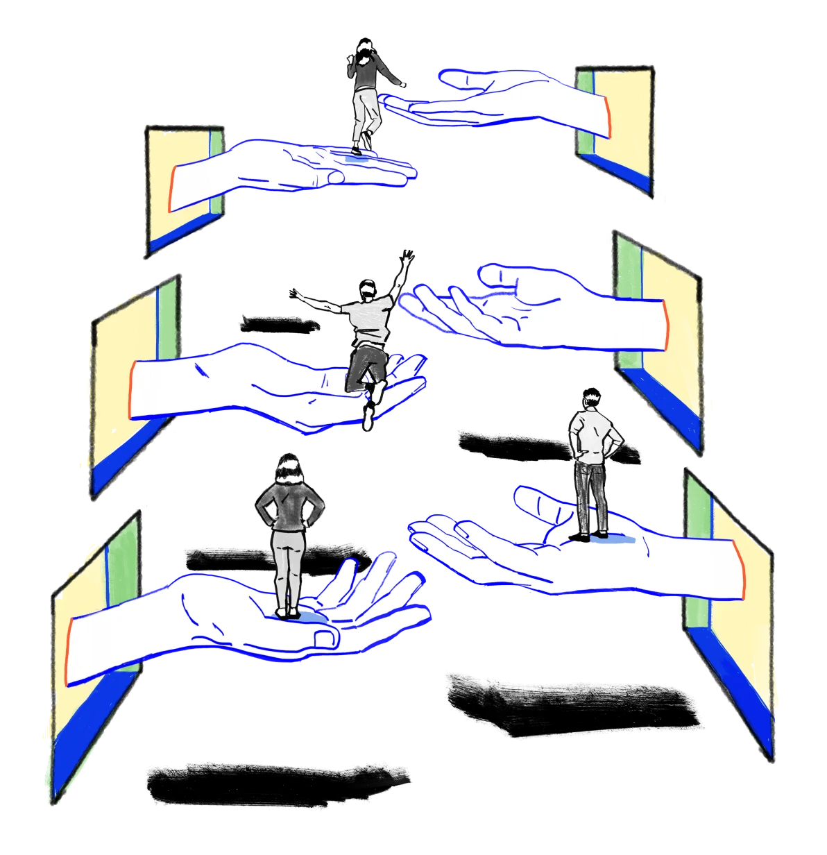 Illustration of learners moving through a series of supported pathways
