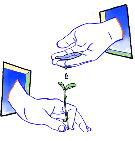Illustrated hands watering a growing plant