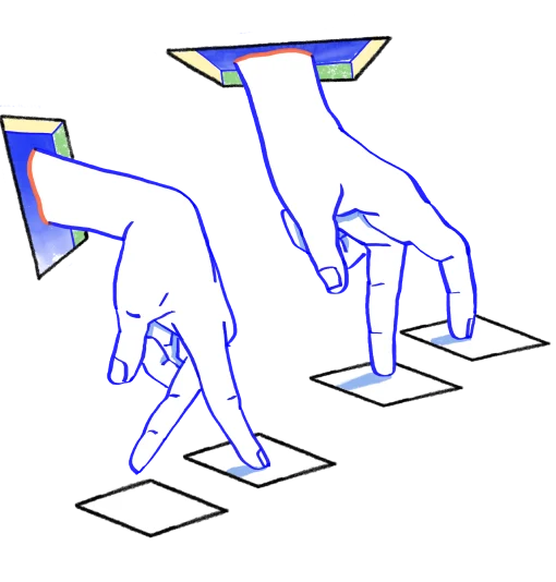 Illustrated hands organizing a sequence of project cards