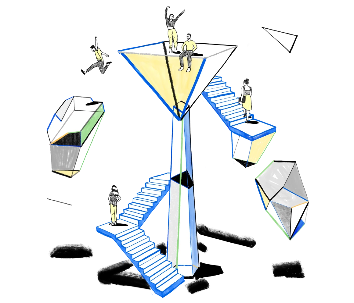 Illustration of a learner moving through an architectural pathway